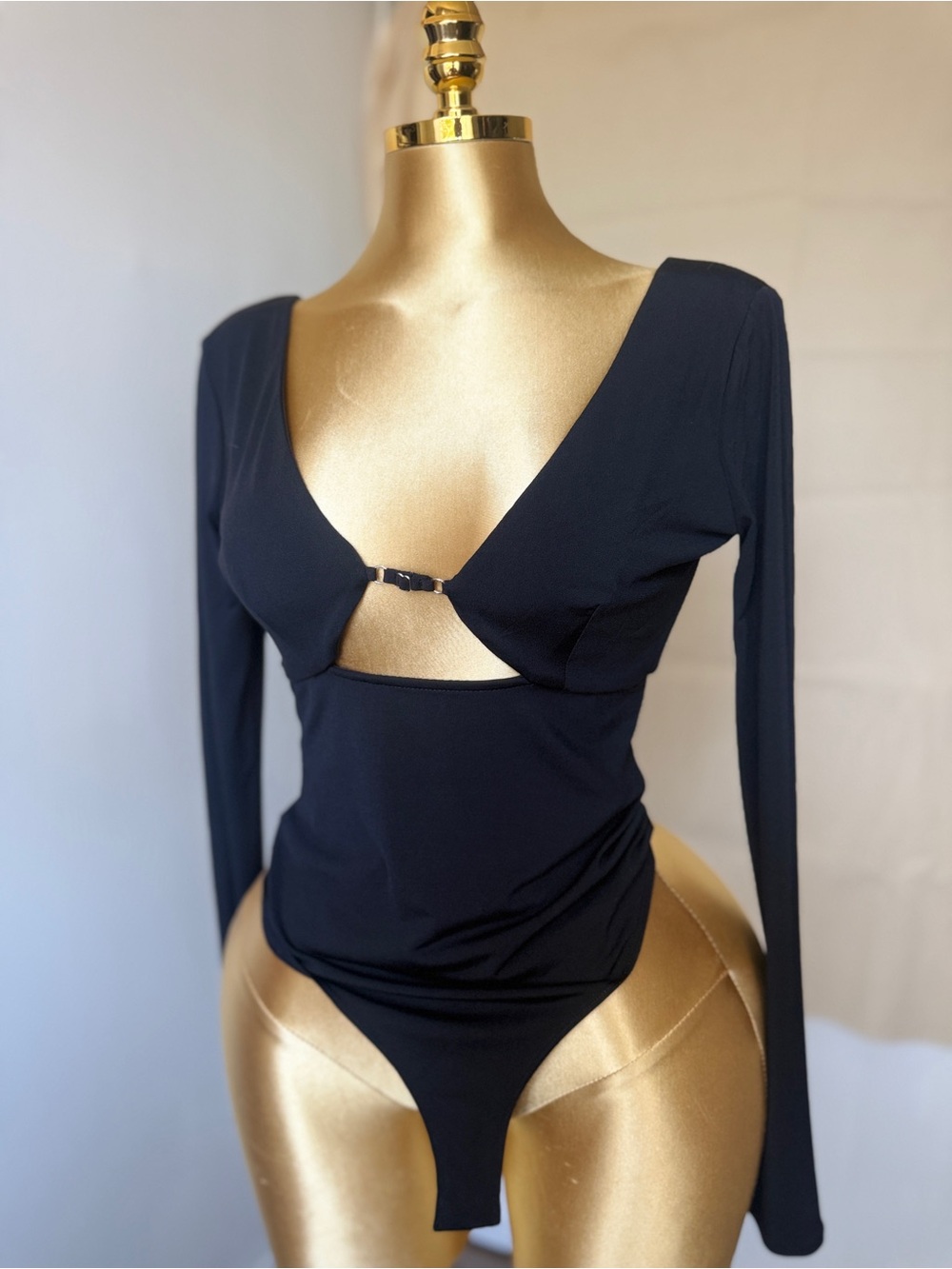 Long-Sleeve Black Cutout Bodysuit with Front Clasp
